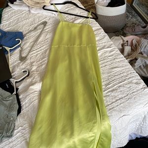 BRAND NEW satin mid length slip dress, bright green, side slit, square neckline